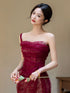 Wine Red Tulle and Lace One Shoulder Party Dress, A-line Wine Red Wedding Party Dress